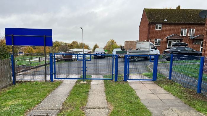 Steel mesh fencing and gate at RAF Benson Primary School, Oxfordshire